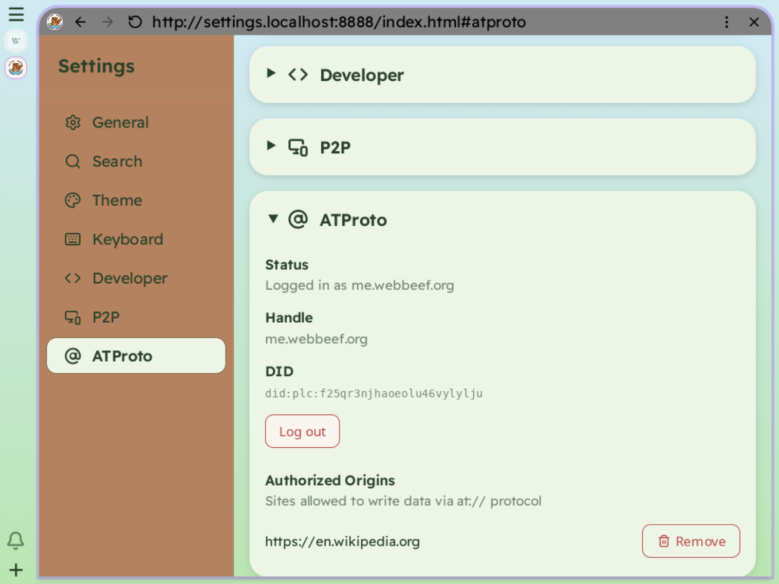 atproto settings showing the list of authorized origins